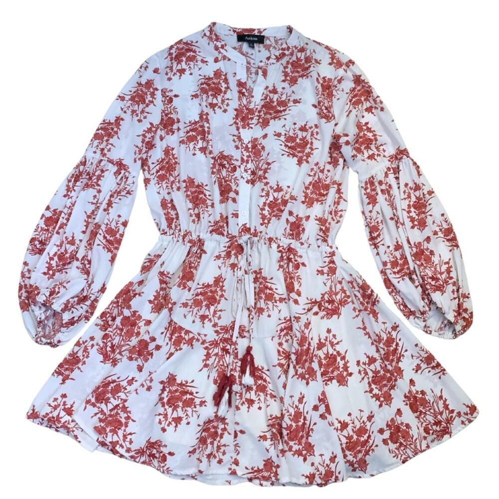 Aakaa Flowy Cream Red Floral Print Short Dress Small Long Sleeves Cottagecore